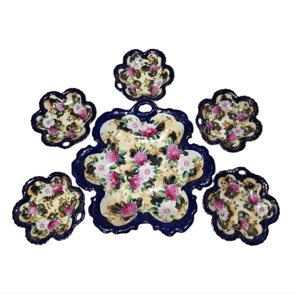Antique Japanese Nippon Berry Bowls Set, Hand-Painted Pink Floral & Cobalt Gilt